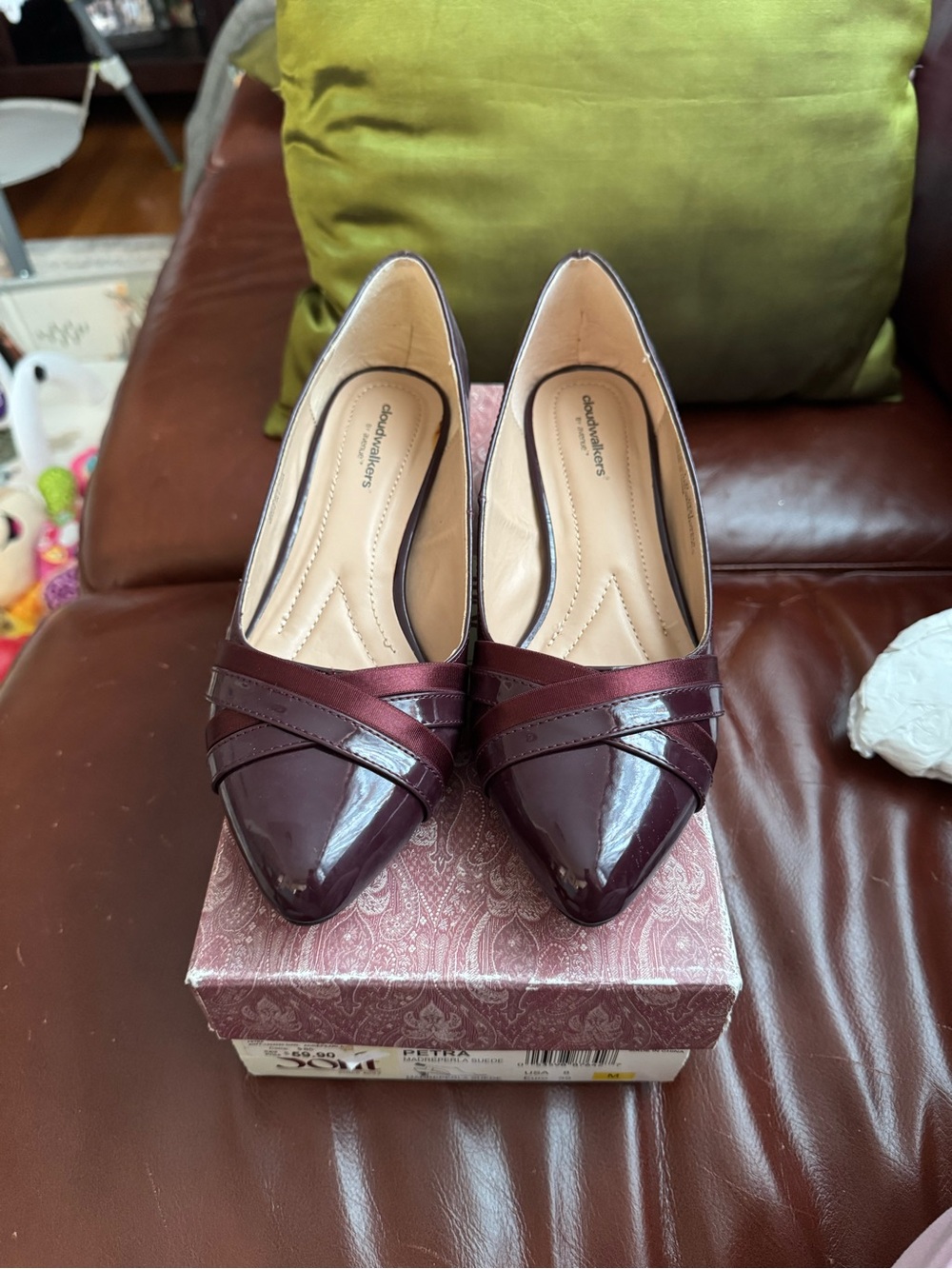 Cloudsteppers by Clarks Burgundy Patent Pointed Pumps with Cross-Strap Accent